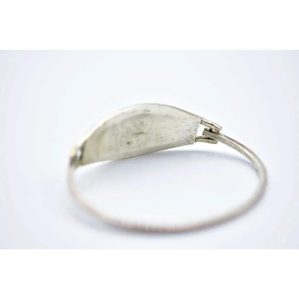 Vintage Bangle Bracelet Mexico Hinged Silver Mother Pearl Inlay Red Enamel Bin2